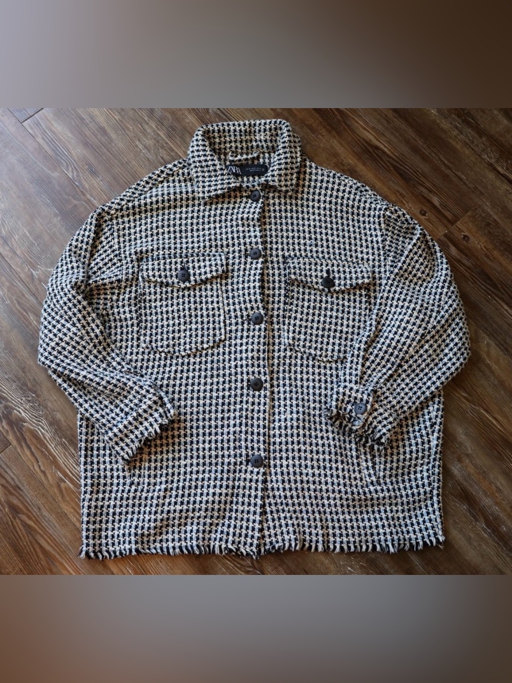 Zara Oversized Tweed Shacket Blue Black Check Fringe Soft Goth Jacket Womens XS